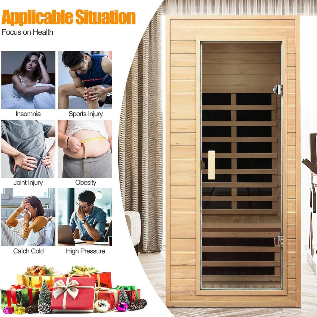 Far Infrared Sauna, 1 Person Infrared Sauna, Canadian Hemlock Wood 1290W Low-Emf Infrared Saunas for Home with Bluetooth Speakers, Reading Lamp
