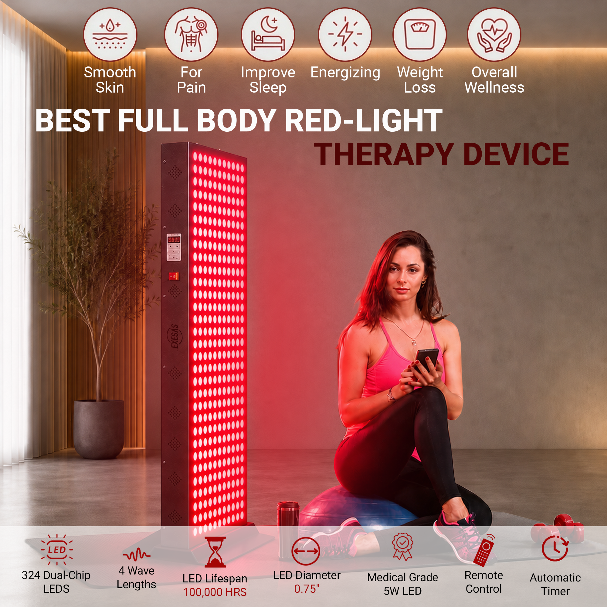 EXESAS 324 LED, 1620W Dual-Chip, Red Light Therapy Device for Full Body, 4-Wavelengths Infrared LED Panel for Skin, Weight, Pain, Wellness