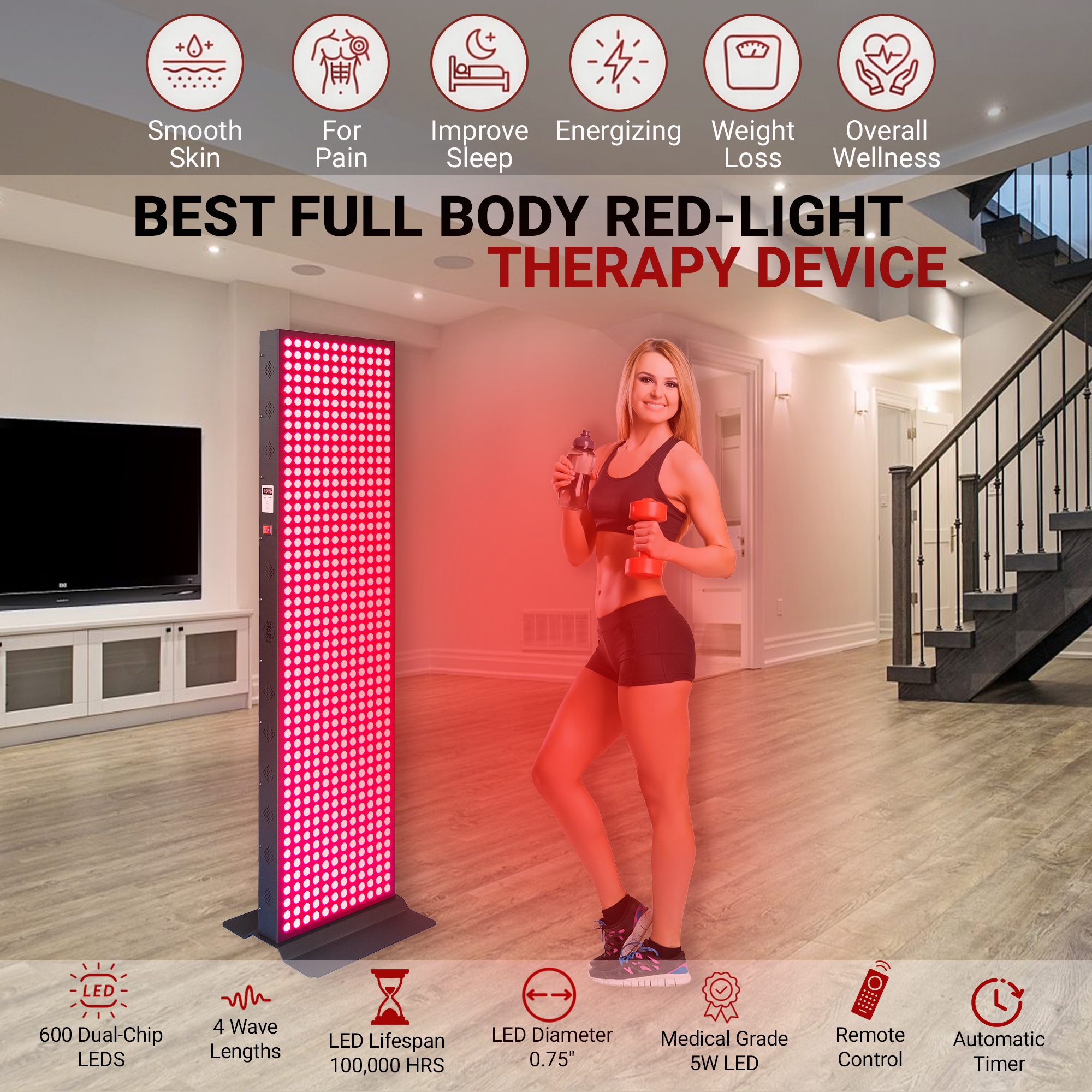 EXESAS  600 LED, 3000W Dual-Chip, Red Light Therapy Device for Full Body, 4-Wavelengths Infrared LED Panel for Skin, Weight, Pain, Wellness