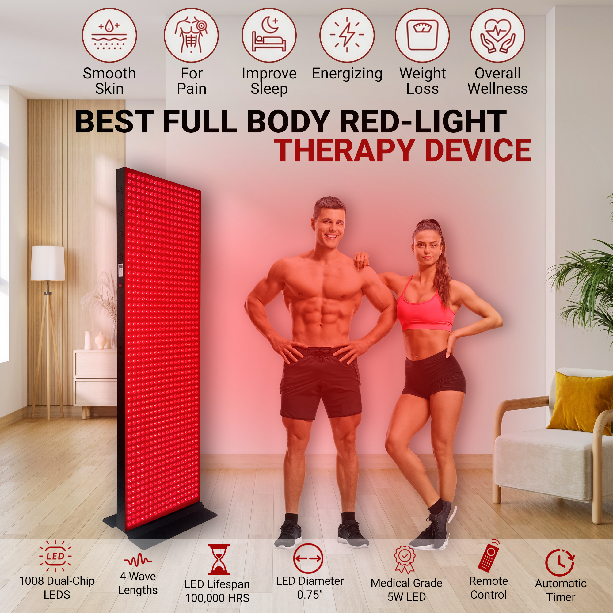 EXESAS    1008 LED, 5040W Dual-Chip, Red Light Therapy Device for Full Body, 4-Wavelengths Infrared LED Panel for Skin, Weight, Pain, Wellness