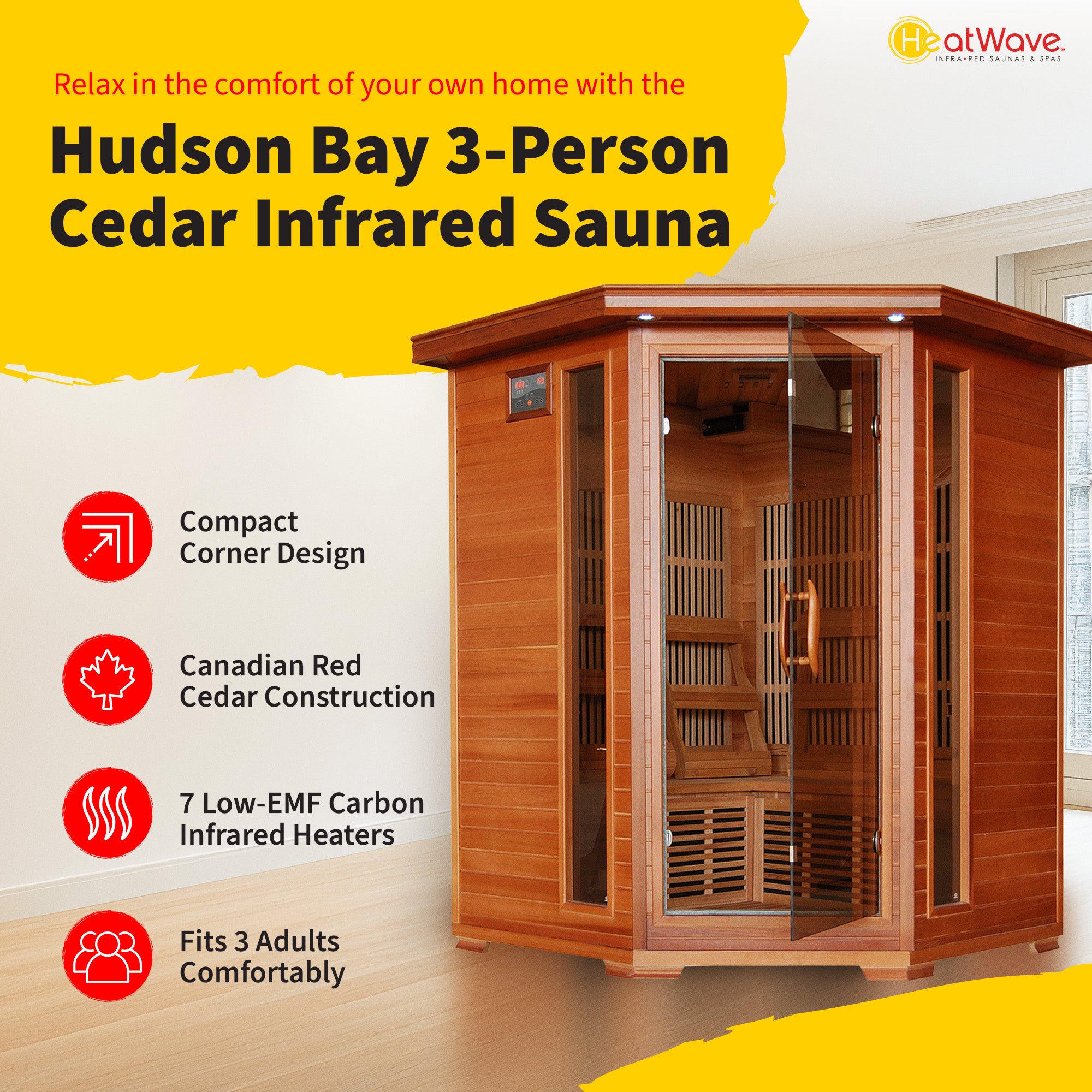 Hudson Bay 3-Person Cedar Corner Infrared Sauna with 7 Carbon Heaters
