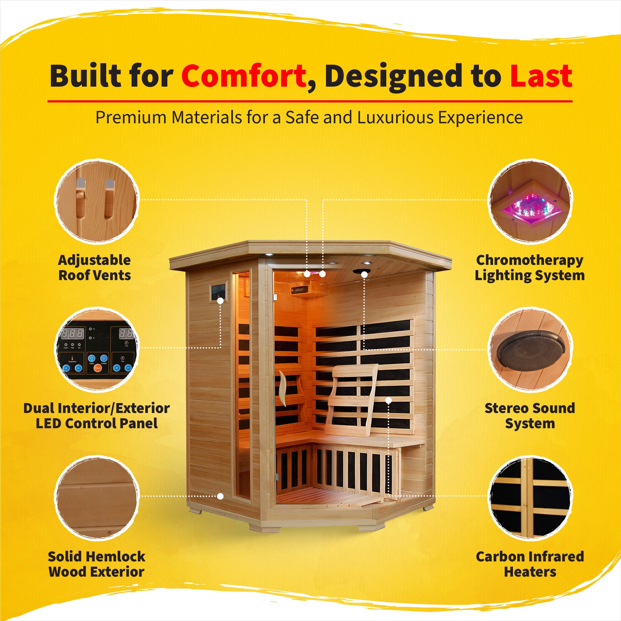 Santa Fe 3-Person Hemlock Corner Infrared Sauna with 7 Carbon Heaters