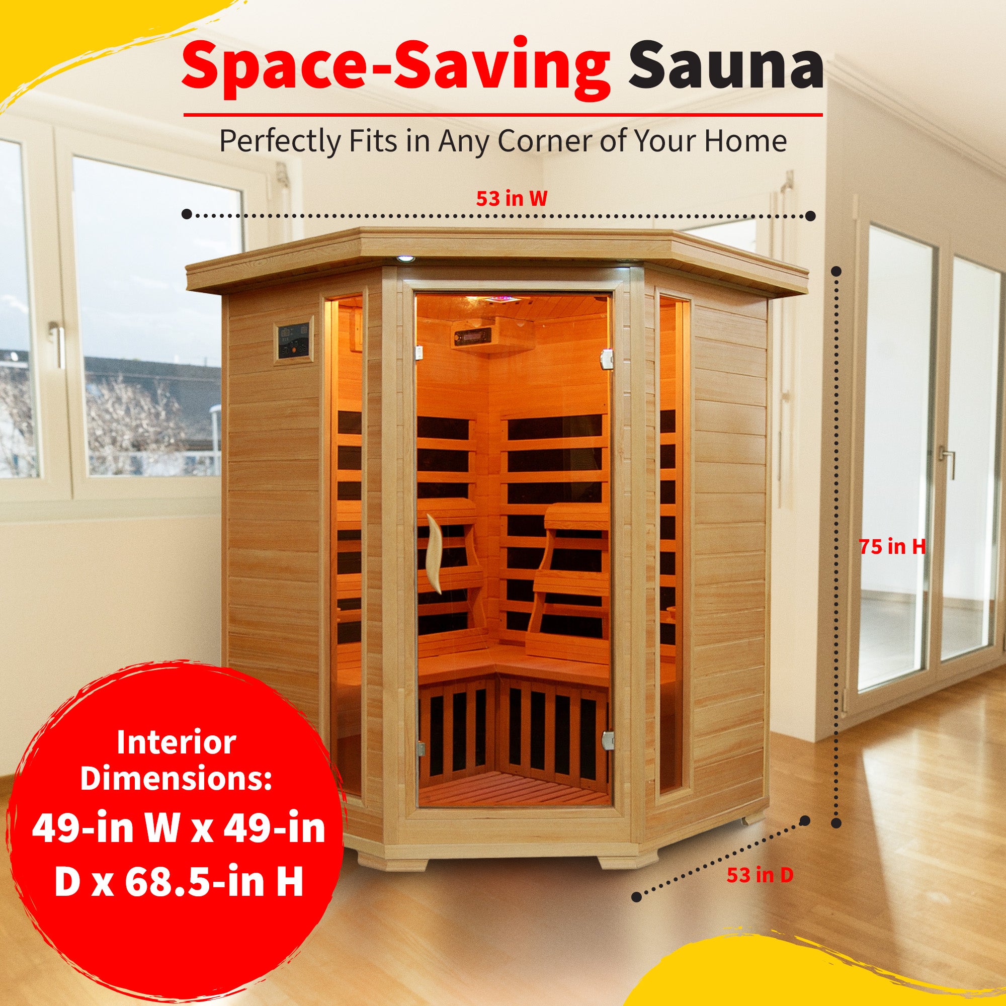 Santa Fe 3-Person Hemlock Corner Infrared Sauna with 7 Carbon Heaters