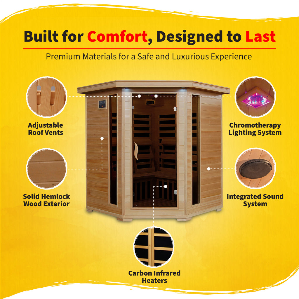 Tucson 4-Person Hemlock Corner Infrared Sauna with 10 Carbon Heaters