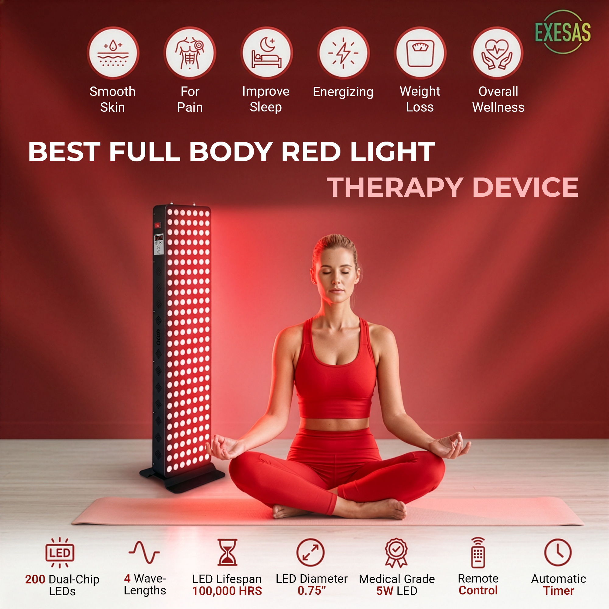 EXESAS 200 LED, 1000W Dual-Chip, Red Light Therapy Device for Full Body, 4-Wavelengths Infrared LED Panel for Skin, Weight, Pain, Wellness