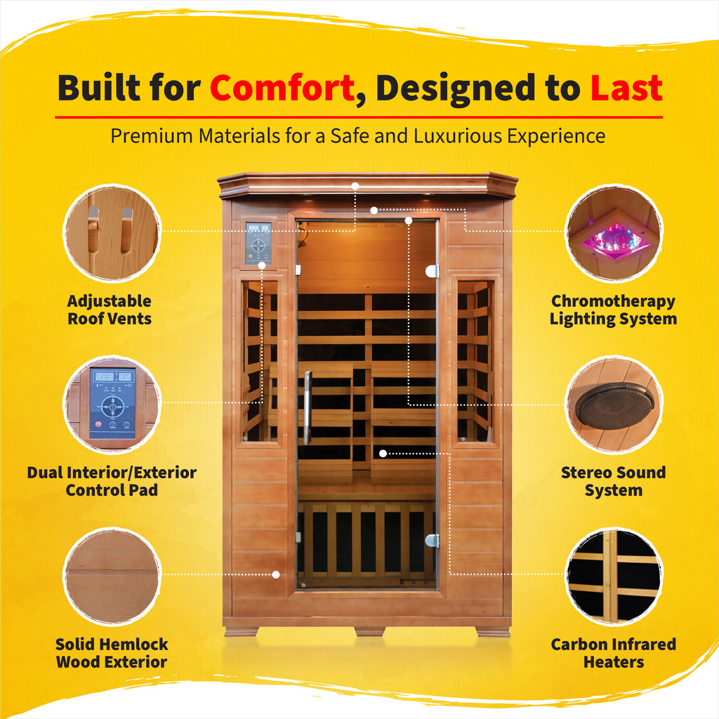 2-Person Hemlock Premium Infrared Sauna with 6 Carbon Heaters