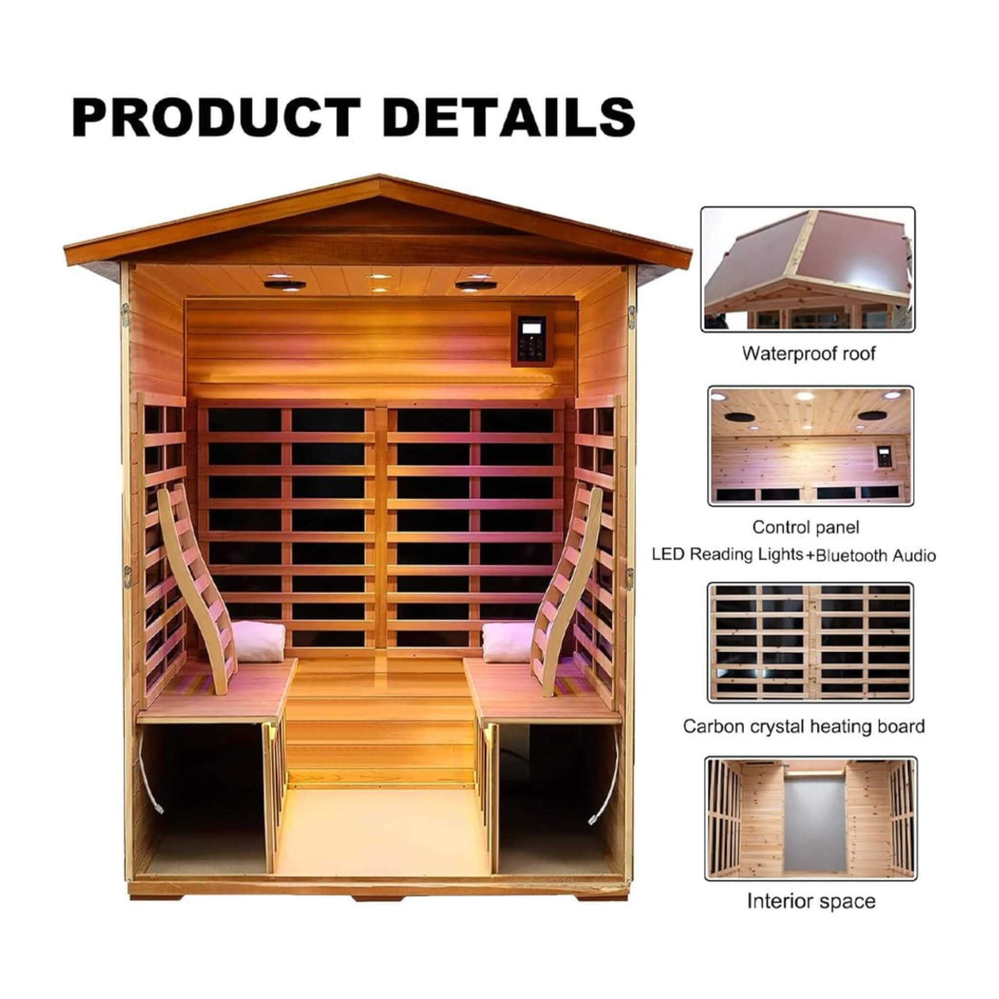 Premium 4-Person Luxury Low EMF Outdoor FAR Infrared Home Sauna With Bluetooth Audio, 2050W (SAK15372)